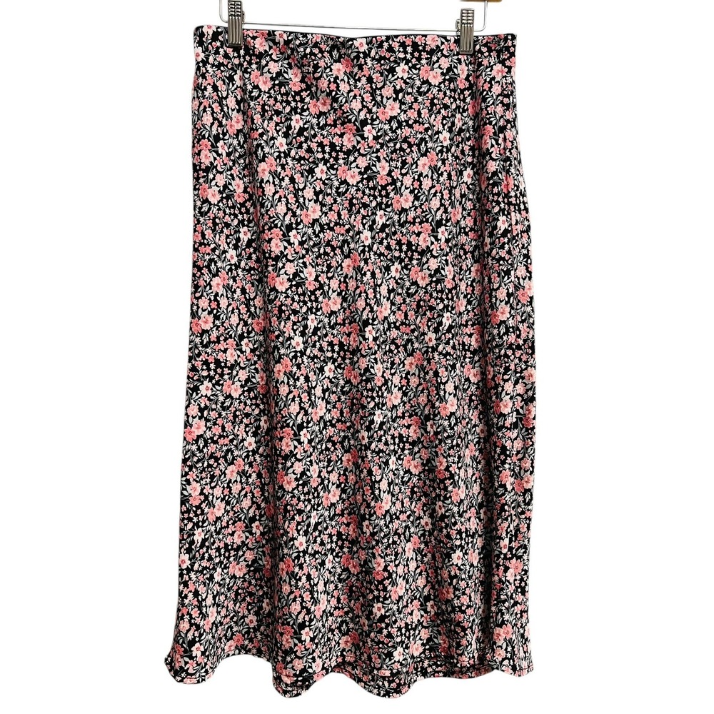 Francesca's Mi Ami Floral Midi Skirt Womens Large Black Pink Ditsy Feminine Boho - Picture 5 of 9